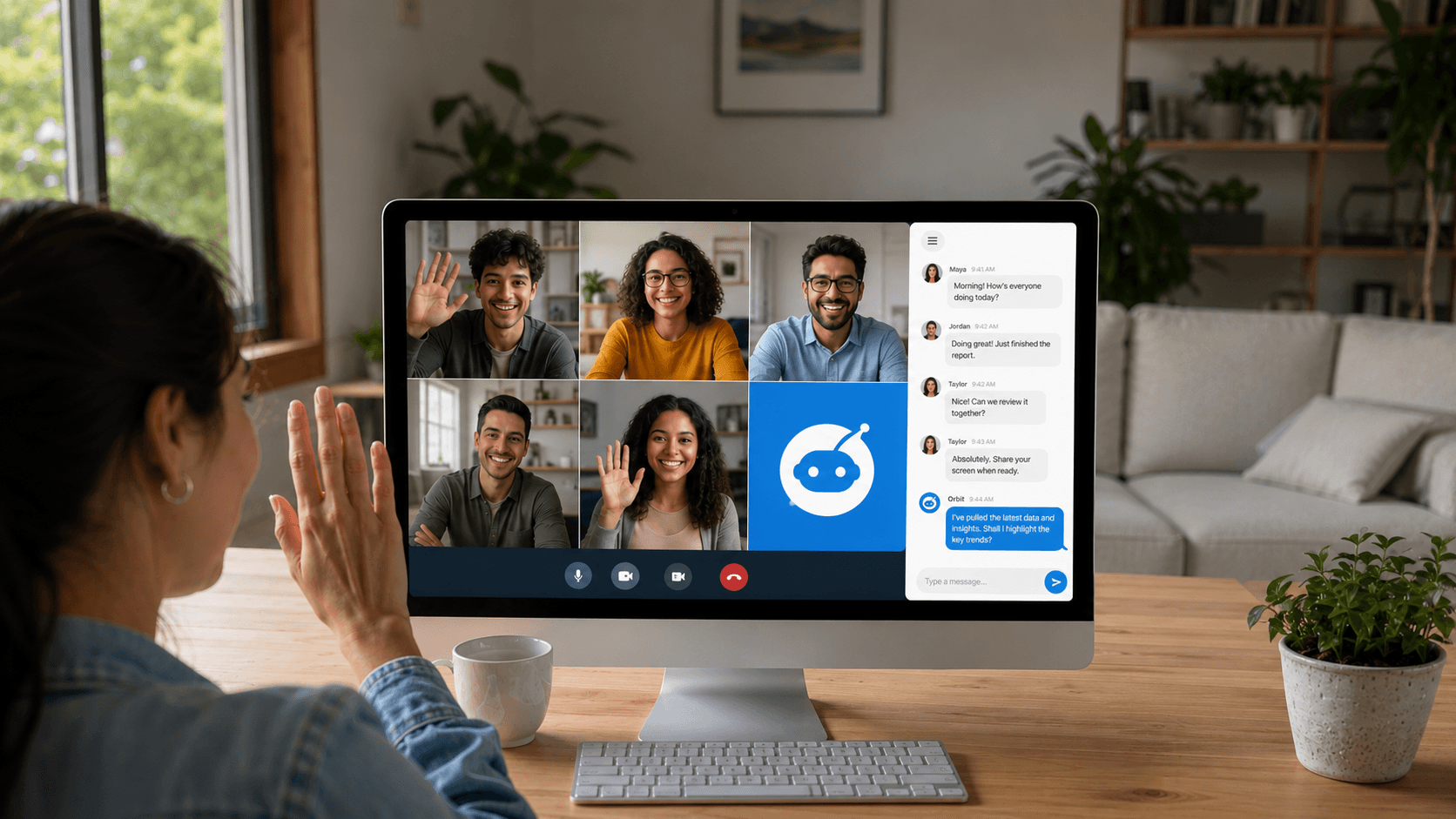 A group video call in CommonOrbit with an AI agent joining the conversation