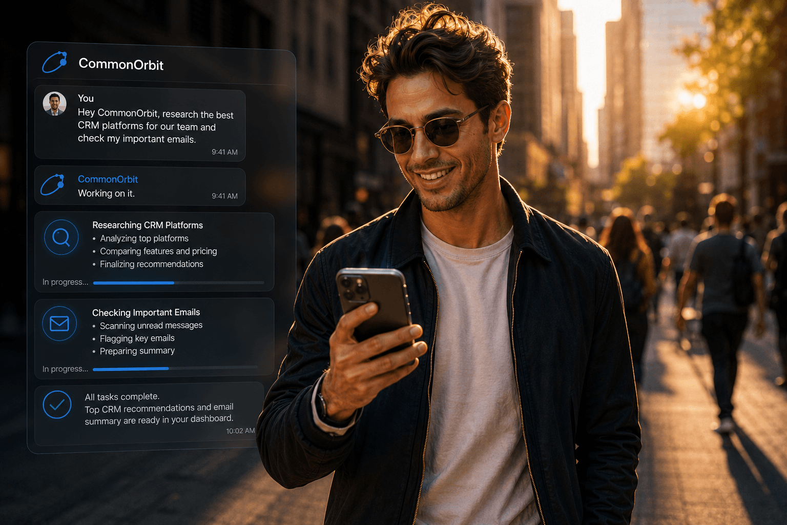 A man delegating research and email triage to his CommonOrbit agent from his phone