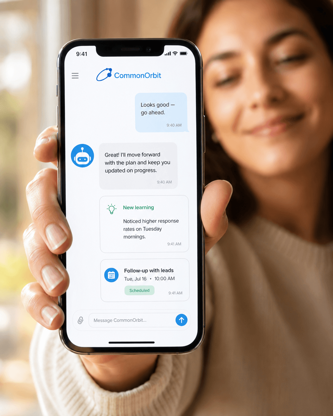 A CommonOrbit chat where the agent shares a new learning and schedules a follow-up