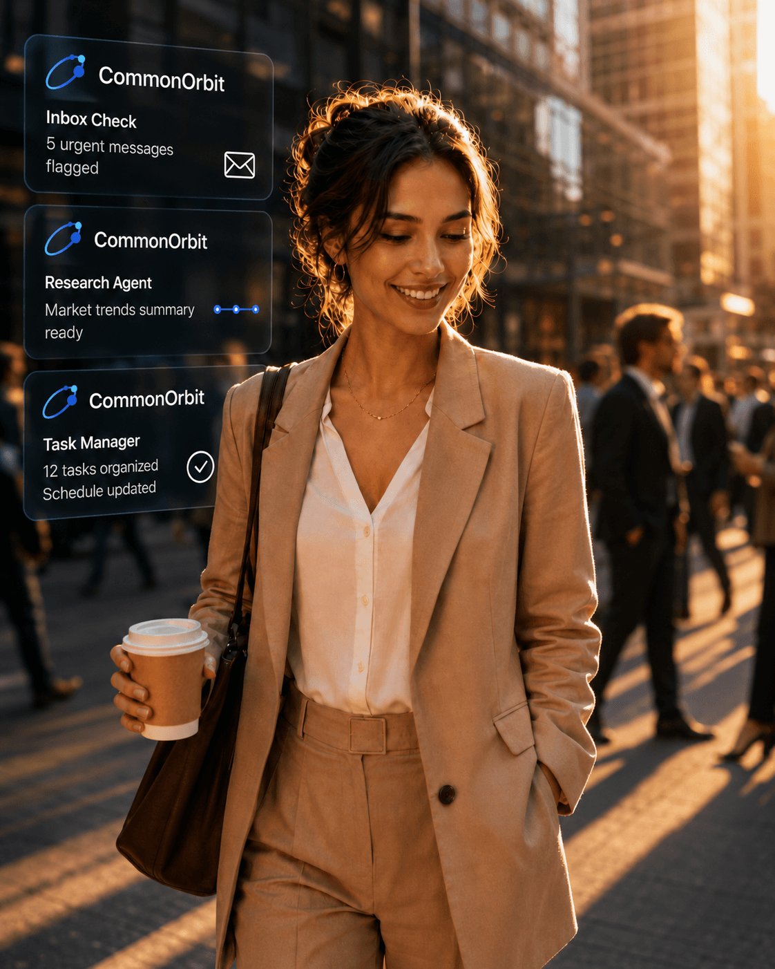 A professional on the move as her CommonOrbit agents check her inbox and update her schedule