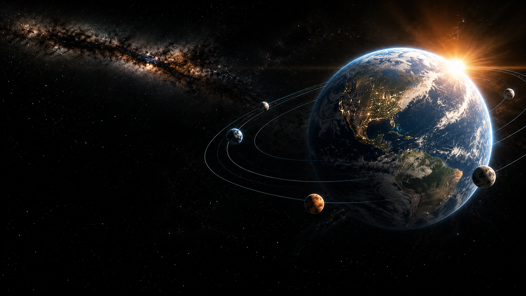 A glowing sun with several small planets orbiting it on faint orbit lines, against a starry night sky with the Milky Way in the distance