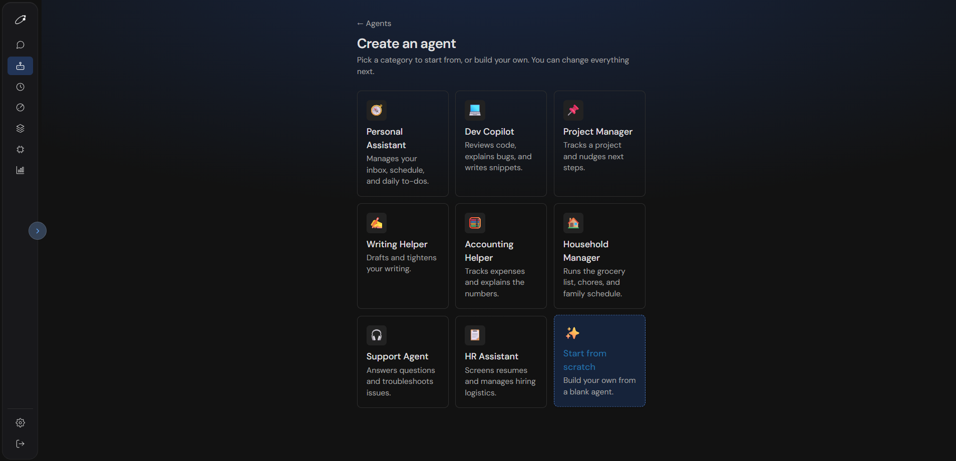 The CommonOrbit Create an agent screen, showing starter categories like Personal Assistant, Dev Copilot, and Project Manager, plus a Start from scratch option