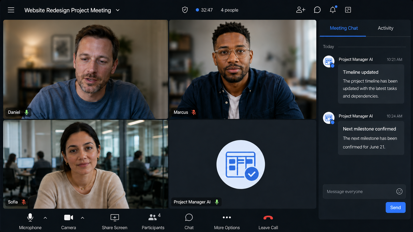 A CommonOrbit video call named Website Redesign Project Meeting with Daniel, Marcus, and Sofia on camera alongside a Project Manager AI tile, and a meeting chat panel showing the AI's own updates