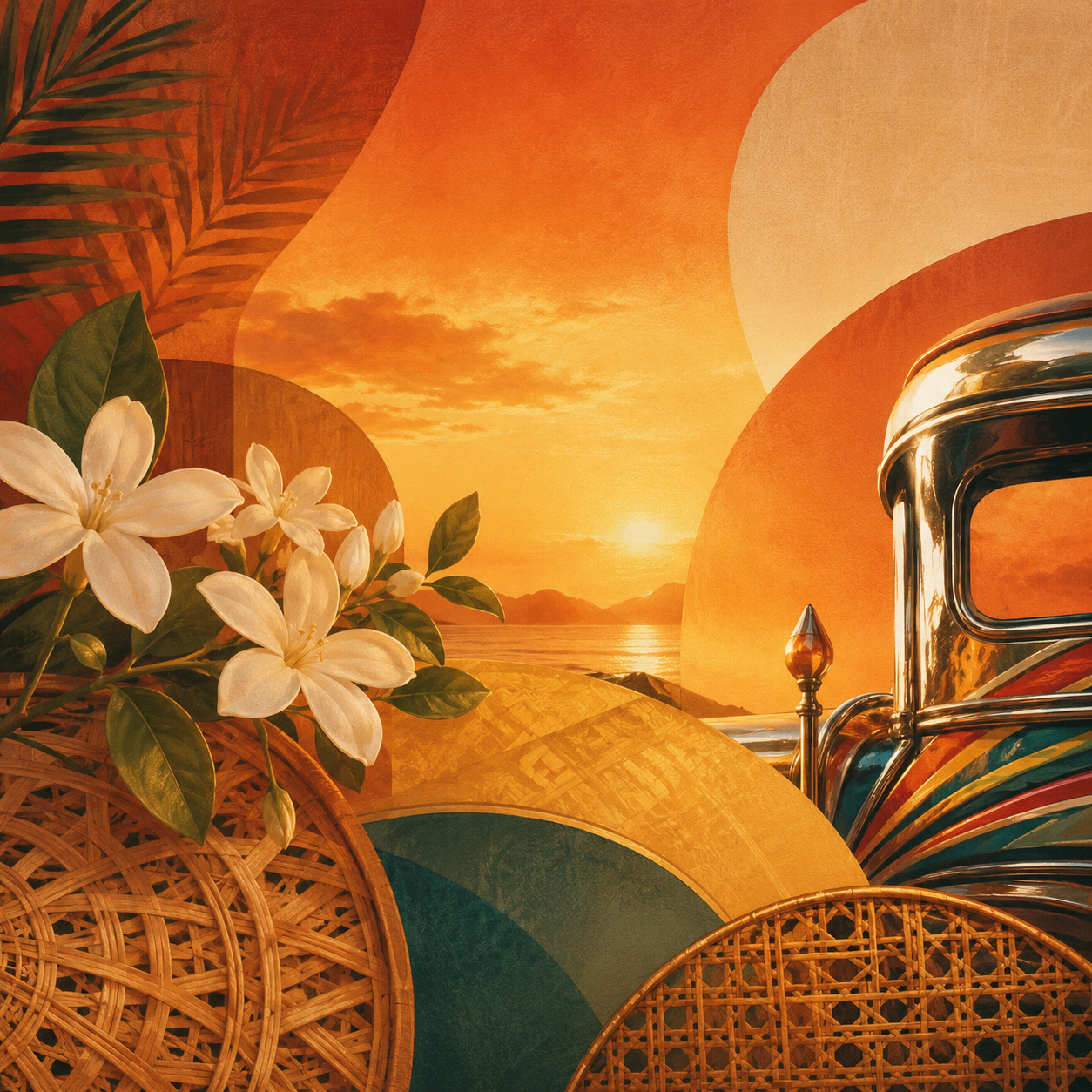 Sunset over water with sampaguita flowers, woven rattan, and jeepney chrome details