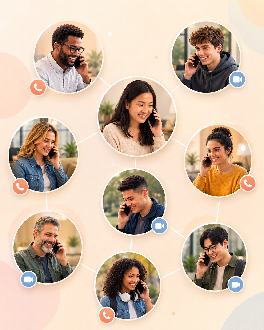 A network of different people, each on a voice or video call, connected to one another