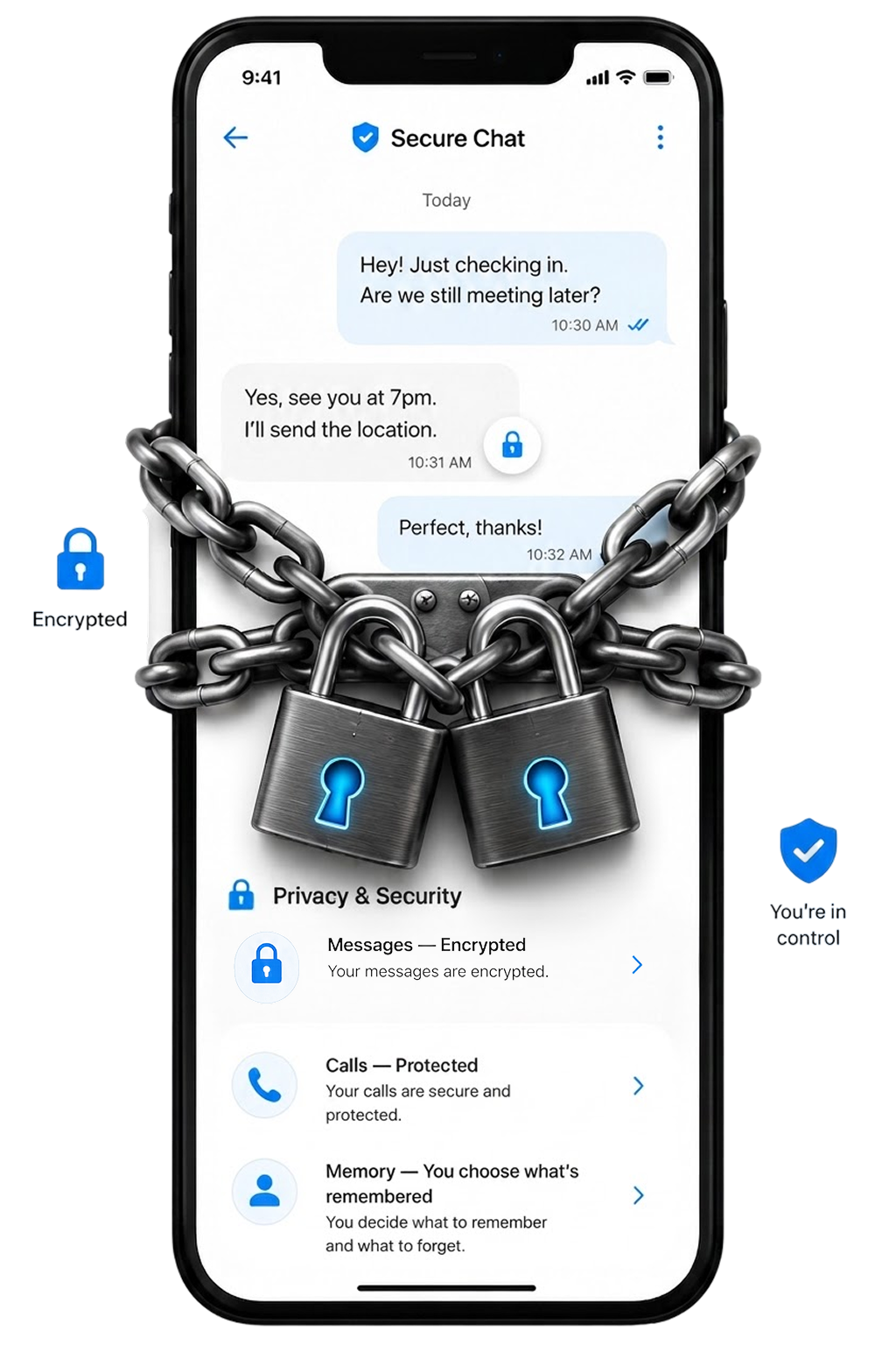 A smartphone secured with a padlock, showing a messaging app's Privacy & Security settings with messages encrypted, calls protected, and memory controlled by the user