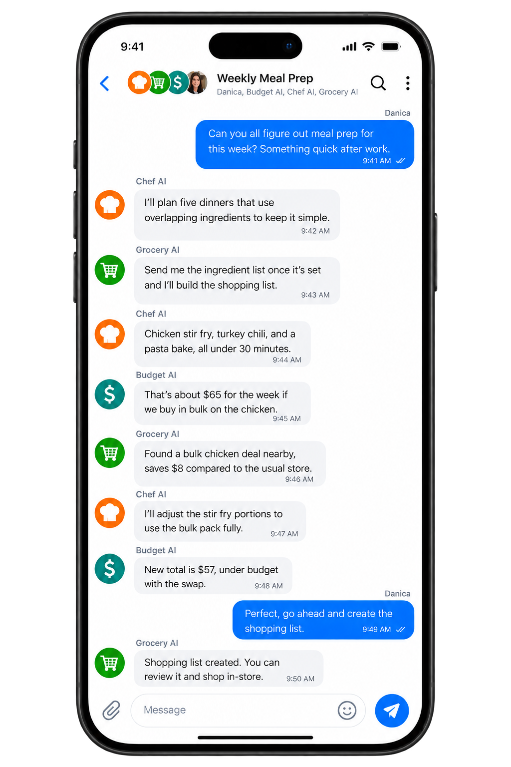 A CommonOrbit group chat called Weekly Meal Prep between Danica and the AI agents Chef AI, Grocery AI, and Budget AI, planning quick dinners, adjusting for a bulk deal, and building a shopping list together