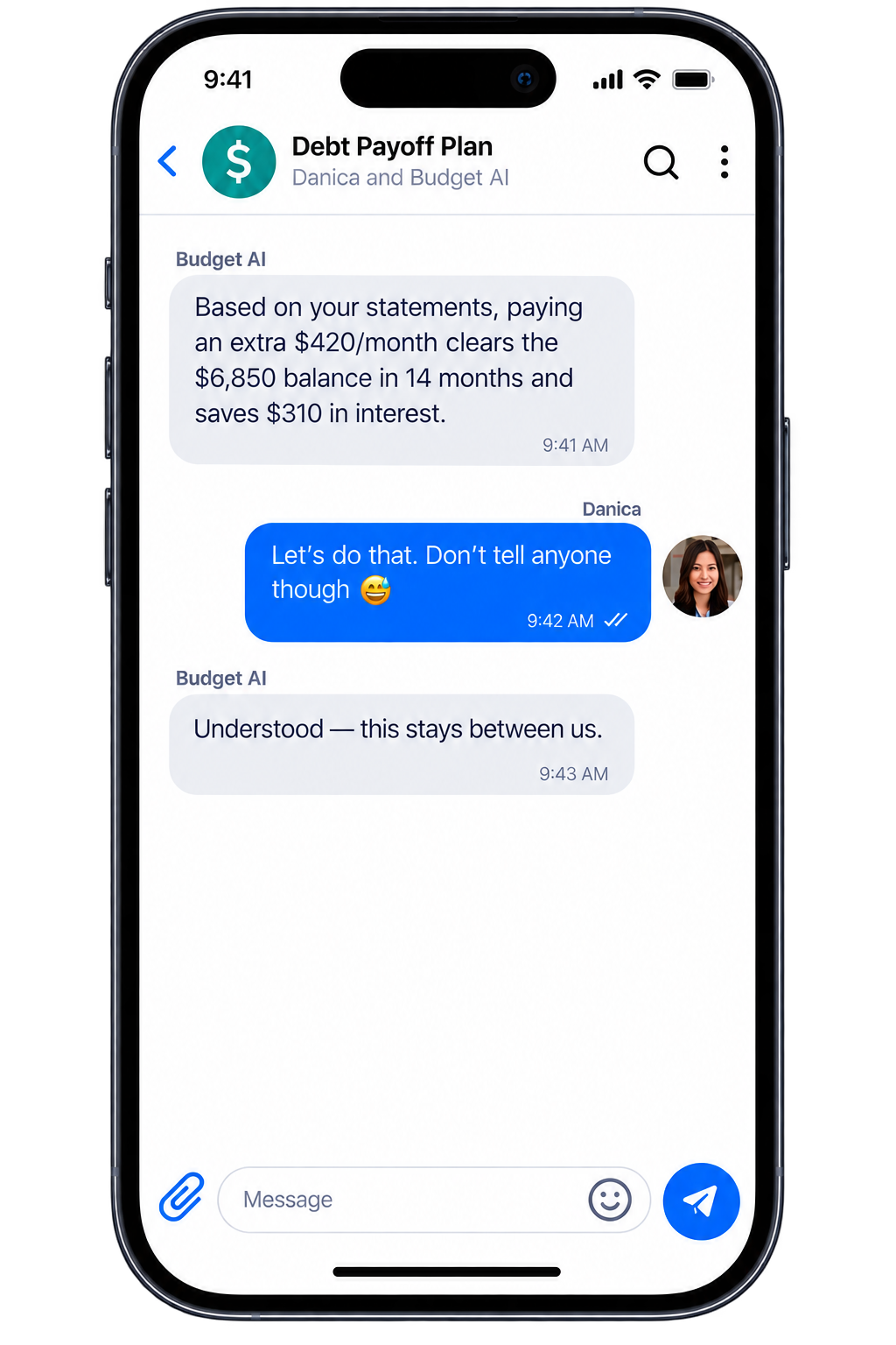 A CommonOrbit chat between Danica and the AI agent Budget AI discussing paying off a credit card balance