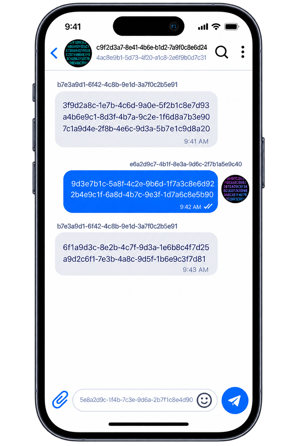 The same chat between Danica and Budget AI, with every name, message, timestamp, and avatar rendered as scrambled encrypted-looking text, representing the data as stored encrypted at rest