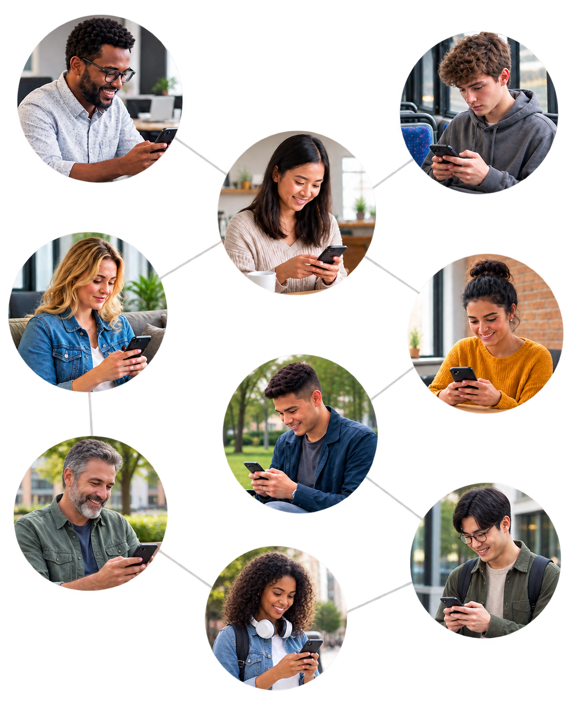A network of different people, each looking at their phone and sending a message, connected to one another