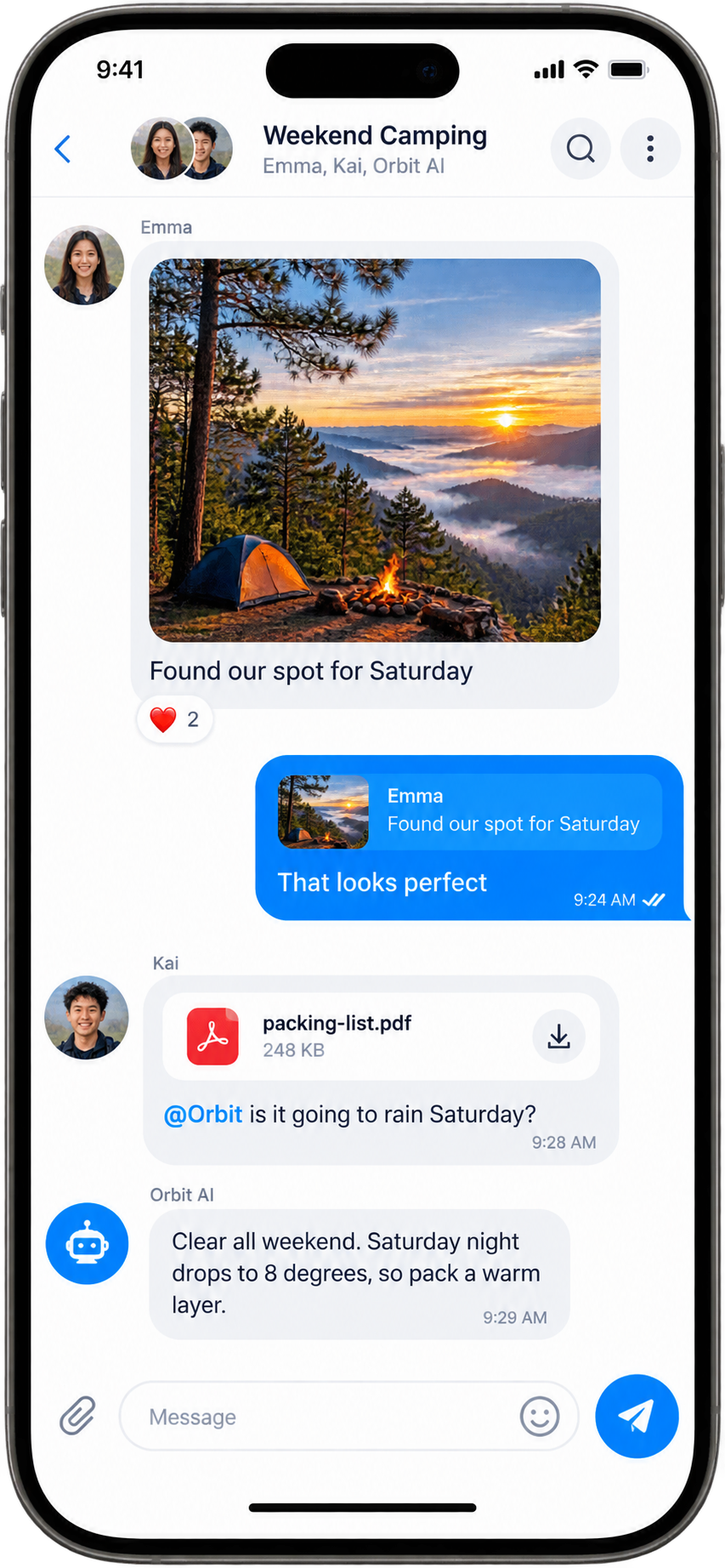 A CommonOrbit group chat called Weekend Camping between Emma, Kai, and the AI agent Orbit AI: a shared campsite photo with a reaction, a reply, an attached packing list, and Orbit AI answering a question addressed to it by Kai