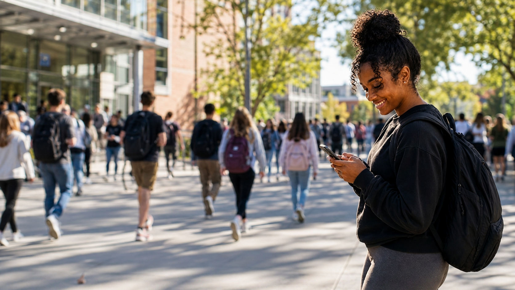 A young woman smiling at her phone while walking through a busy campus, texting her AI
