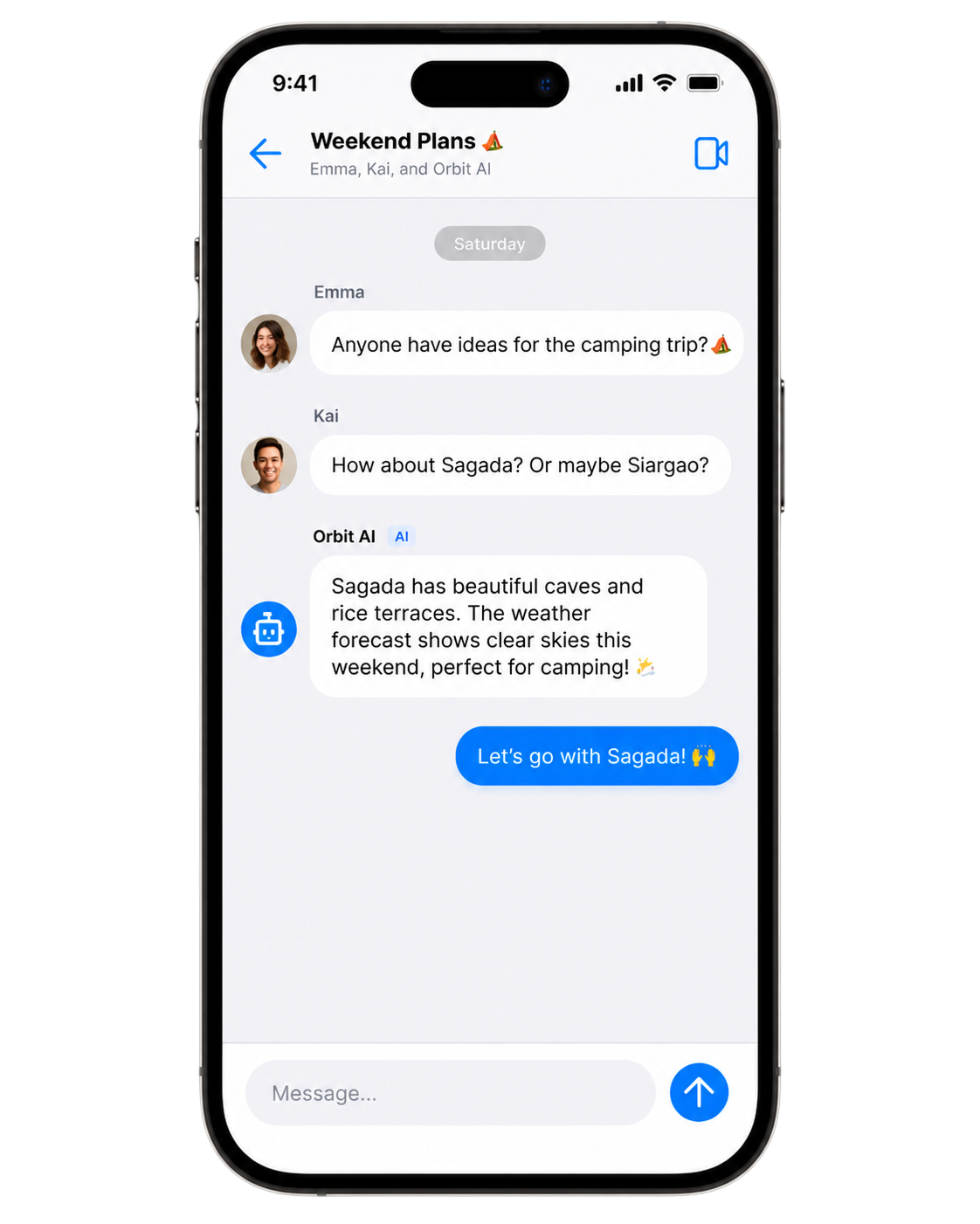A group chat between Emma, Kai, and the AI agent Orbit AI, planning a weekend camping trip together
